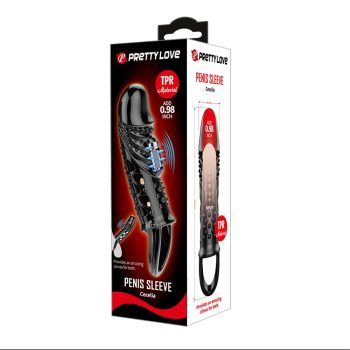   Pretty Love Penis Sleeve Cecilia Black - óvszerhez hasonló módon felhelyezhető, vibrátoros erotikus kiegészítő