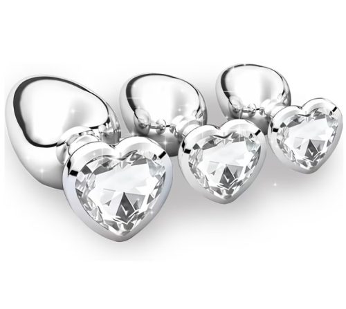 EWToys Diamond Plug XXS/XS/S/M/L - Ezüst análdugó, színtelen, szív alakú kővel-választható méret