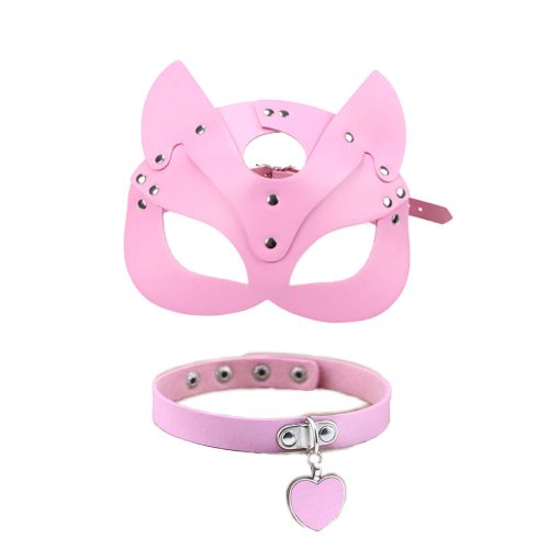 Erotikus, rózsaszín, cicás, bőr maszk + rózsaszín nyakörv