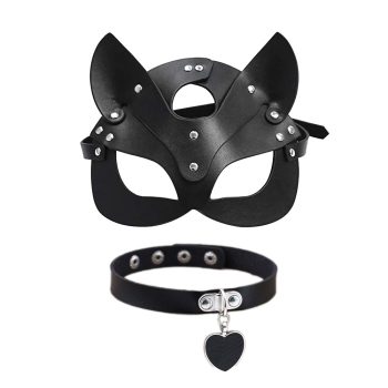   Erotikus, fekete, cicás, bőr maszk + fekete szívecskés nyakörv