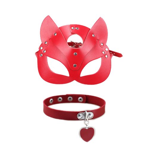 Erotikus, piros, cicás, bőr maszk + piros szívecskés nyakörv