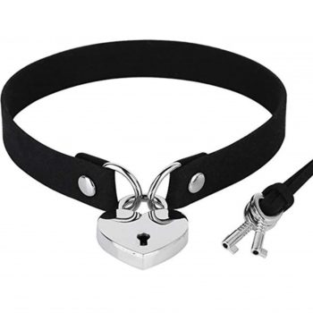   EwToys - Fekete, bőr állítható nyakörv szivecske bilinccsel 
