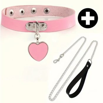   EwToys - Bondage rózsaszín szíves nyakörv lánccal vagy láncos rózsaszín nyakörv + póráz / választható nyakörv