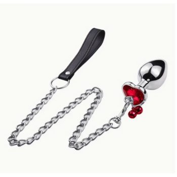   EwToys - S méretű, piros fém análdugó, fém-műbőr pórázzal