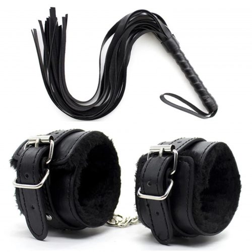 EwToys - 2 részes BDSM szett - korbács, bilincs - fekete