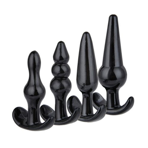EwToys - Szilikon, fekete, eltérő méretű és alakú análdugó szett - 4 db/csomag - választható Mini análmosóval (89ml)
