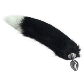   EwToys Metal Anal Tail-L- Sima felületű, bolyhos róka farok, anál dugó, fekete-fehér