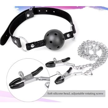 EwToys BDSM szájpecek mellcsipeszekkel fekete 