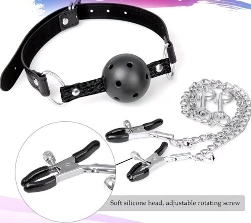 EwToys BDSM szájpecek mellcsipeszekkel fekete 
