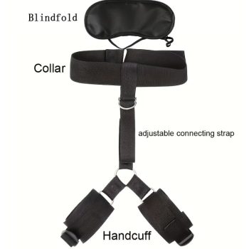   BDSM nyak- és csuklórögzítő szett szemkötővel – állítható bondage pánt, fekete