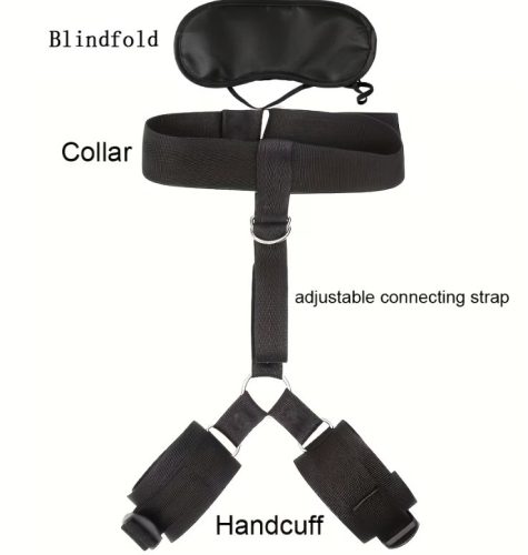 BDSM nyak- és csuklórögzítő szett szemkötővel – állítható bondage pánt, fekete