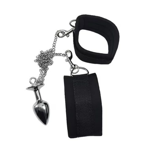 BDSM csuklóbilincs anál pluggal – láncos bondage szett, fekete
