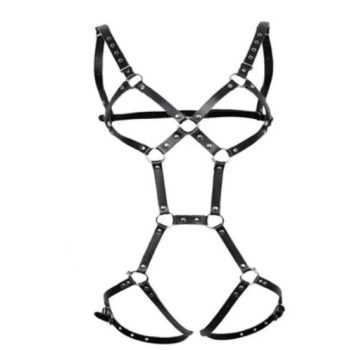 BDSM body harness fekete műbőr pántos body