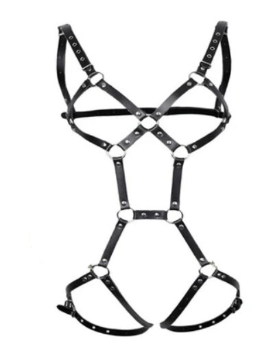 BDSM body harness fekete műbőr pántos body