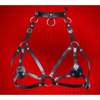 BDSM mellhám fekete műbőr body harness állítható