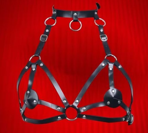 BDSM mellhám fekete műbőr body harness állítható