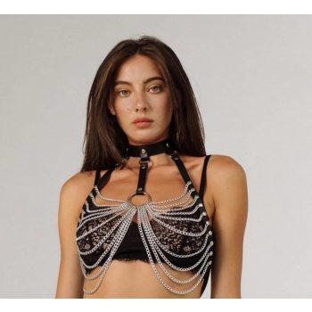   BDSM láncos mellheveder-hám – állítható műbőr fetish body S/L