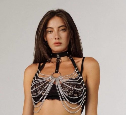BDSM láncos mellheveder-hám – állítható műbőr fetish body S/L