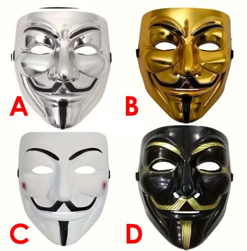 Guy Fawkes maszk – választható színű Anonymous álarc Halloweenre és jelmezes partyra