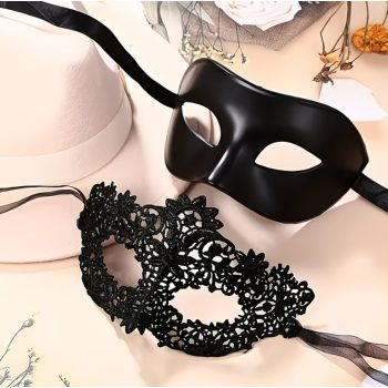   EwToys fekete páros szemmaszk szett – csipkés női és elegáns férfi álarc szerepjátékhoz