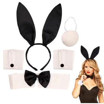   Nyuszis erotikus jelmez szett – szexi sexshop kiegészítő fekete fülekkel és pomponnal