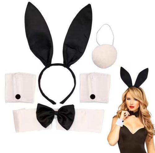 Nyuszis erotikus jelmez szett – szexi sexshop kiegészítő fekete fülekkel és pomponnal