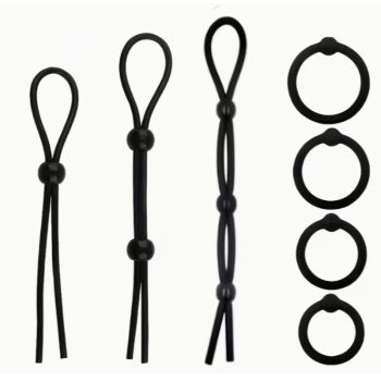   EwToys- szilikon, fekete-piros állítható 3 db. pénisz-heregyűrű + 4 db eltérő méretű péniszgyűrű szett