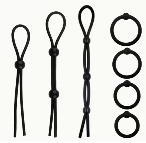 EwToys- szilikon, fekete-piros állítható 3 db. pénisz-heregyűrű + 4 db eltérő méretű péniszgyűrű szett