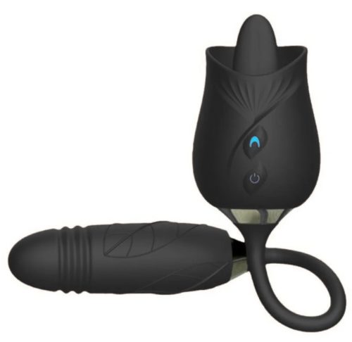 Prémium fekete nyelv stimulátoros csiklóizgató és lökő vibrátor vízálló kivitelben, USB töltéssel és több stimulációs móddal.