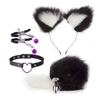   EwToys - Foxi szett - Análdugó S rókafarokkal és róka fülekkel + nyakörv + mellcsipesz - fekete