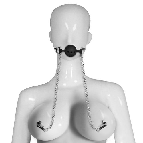 LoveToy Breathable Ball Gag With Nipple Clamp Silver - Ezüst, fekete szájpecek mellbimbócsipesszel 