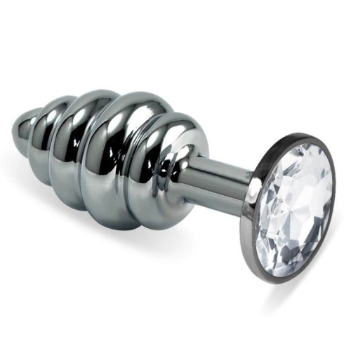 Lovetoy Rosebud Spiral  Plug Clear- Spirális felületű, ezüst análdugó, fehér kővel, díszdobozban