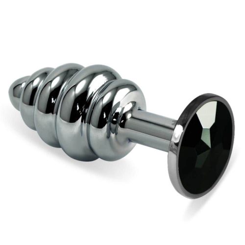 Lovetoy Rosebud Spiral  Plug Black-Spirális felületű, ezüst análdugó, fekete kővel, díszdobozban