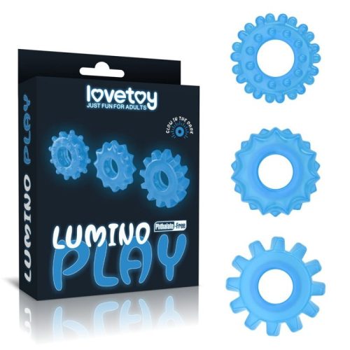 Lovetoy - Lumino Play Penis Ring - 3 db. Sötétben, kék színben világító péniszgyűrű csomag