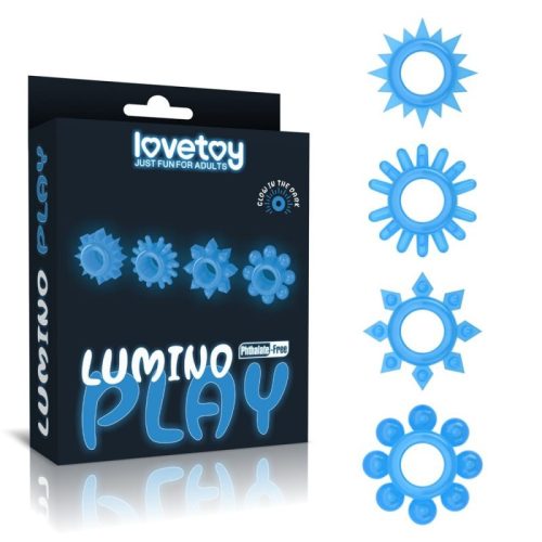 Lovetoy - Lumino Play Penis Ring - 4 db. Sötétben, kék színben világító péniszgyűrű csomag