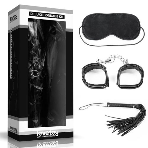 Love Toy Deluxe Bondage Kit Black I - BDSM 3 darabos szett, szemmaszk, bilincs, korbács