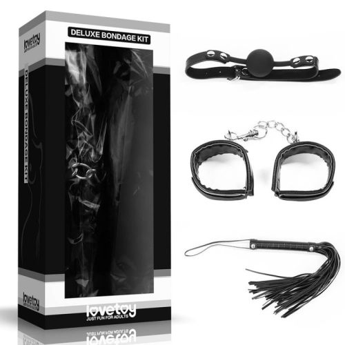 Love Toy Deluxe Bondage Kit Black II-  BDSM 3 darabos szett,  bilincs, korbács, szájpöcök.