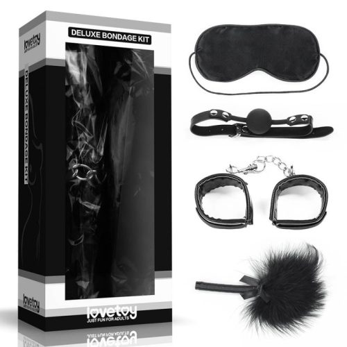 Love Toy Deluxe Bondage Kit Black IV - BDSM 4 darabos szett,  bilincs, szemmaszk, cirógató, szájpöcök.