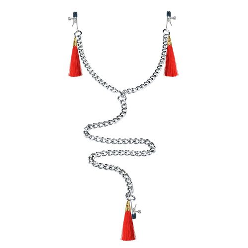LoveToy Nipple Clit Tassel Clamp With Chain- Piros, ezüst mellbimbókra és csiklóra helyezhető láncos csipesz