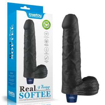   9" REAL SOFTEE Rechargeable Vibrating Dildo Black – realisztikus újratölthető vibrátor 10 rezgésmóddal