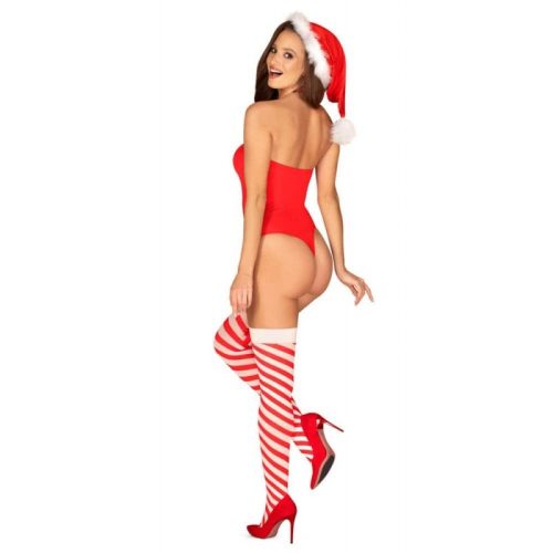 A Kissmas stockings Karácsonyi hangulatú, piros-fehér csíkos combfix ideális egy szexi jelmezhez.