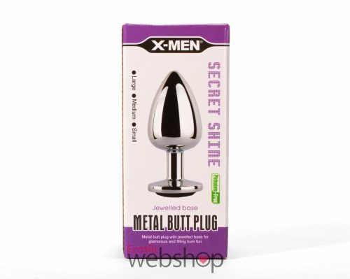 X-MEN Secret Shine Metal Butt Plug Black M- Ezüst análdugó , fekete kővel
